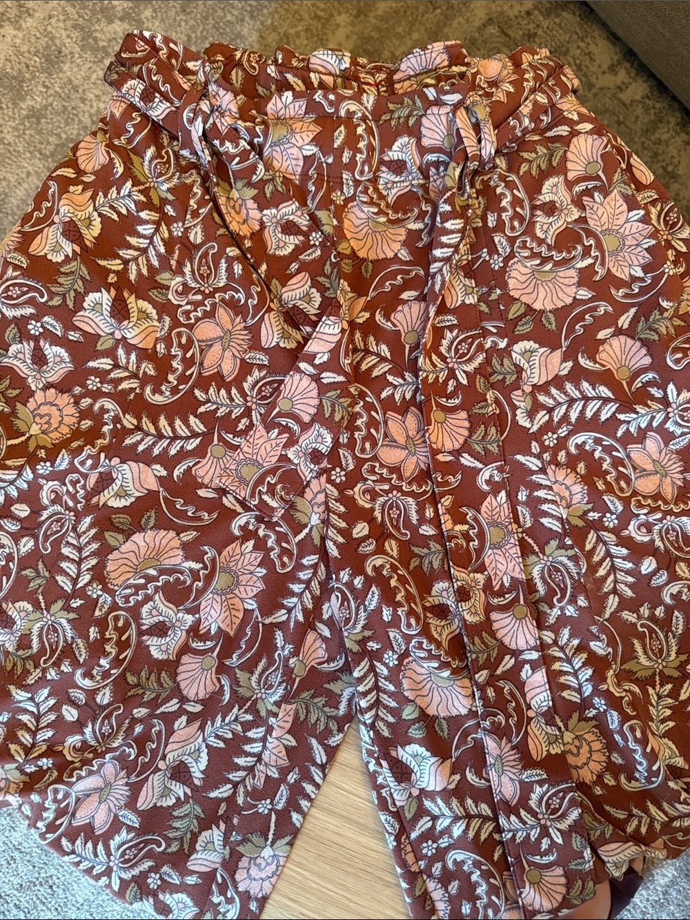 Anthropologie Rust Floral Wide leg Pants tapered to straight leg at angle XS